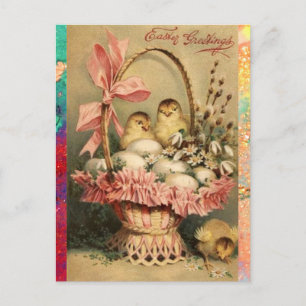 CARTES POUR FÊTES ANNUELLES PANIER ÉLÉGANT, POULET, FLEURS ET OEUFS DE PÂQUES