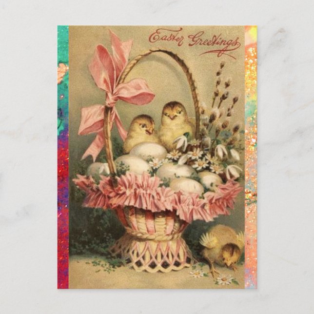 CARTES POUR FÊTES ANNUELLES PANIER ÉLÉGANT, POULET, FLEURS ET OEUFS DE PÂQUES (Devant)