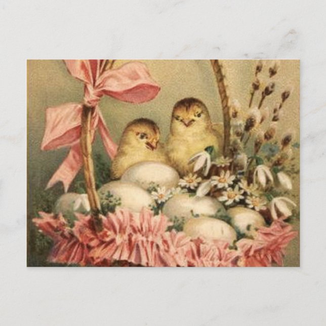 CARTES POUR FÊTES ANNUELLES PANIER ÉLÉGANT, POULET, FLEURS ET OEUFS DE PÂQUES (Devant)