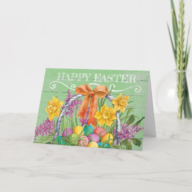 Cartes Pour Fêtes Annuelles Panier floral rustique de Pâques avec oeufs (Devant)