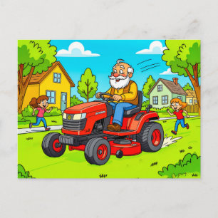 Cartes Pour Fêtes Annuelles Papi tondant la pelouse sur un tracteur à conducte