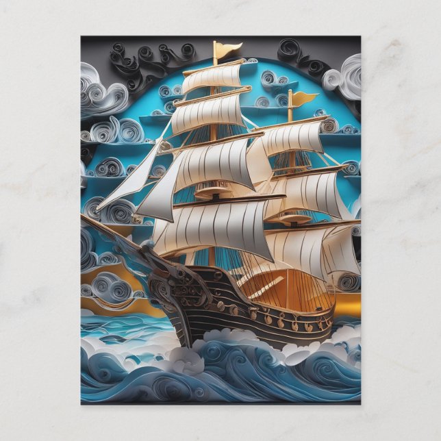 Cartes Pour Fêtes Annuelles Papier 3d, voilier dans l'océan orageux (Devant)