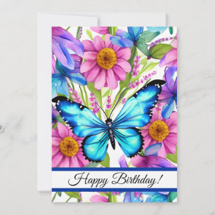 Cartes Pour Fêtes Annuelles Papillon bleu dans un champ de fleurs