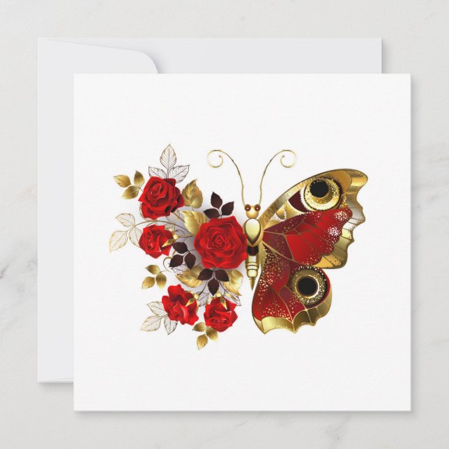 Cartes Pour Fêtes Annuelles Papillon de fleurs rouges aux roses rouges (Devant)