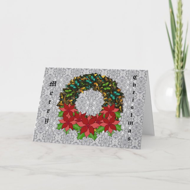 Cartes Pour Fêtes Annuelles Papillon de Noël Poinsettia Wreath GreetingCard (Devant)