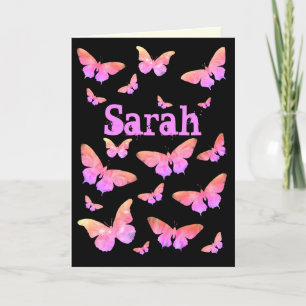 Cartes Pour Fêtes Annuelles Papillon rose et violet Pop Art Sarah Nom