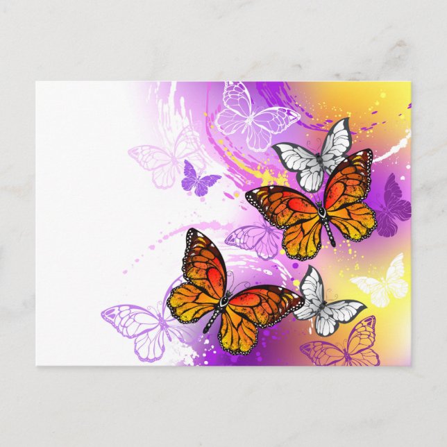 Cartes Pour Fêtes Annuelles Papillons Monarque sur Arrière - plan pourpre (Devant)