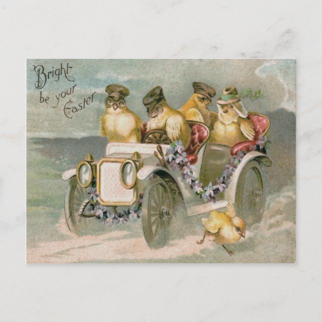 Cartes Pour Fêtes Annuelles Pâques Chick Antique voiture Oubliez-Moi-Pas (Devant)