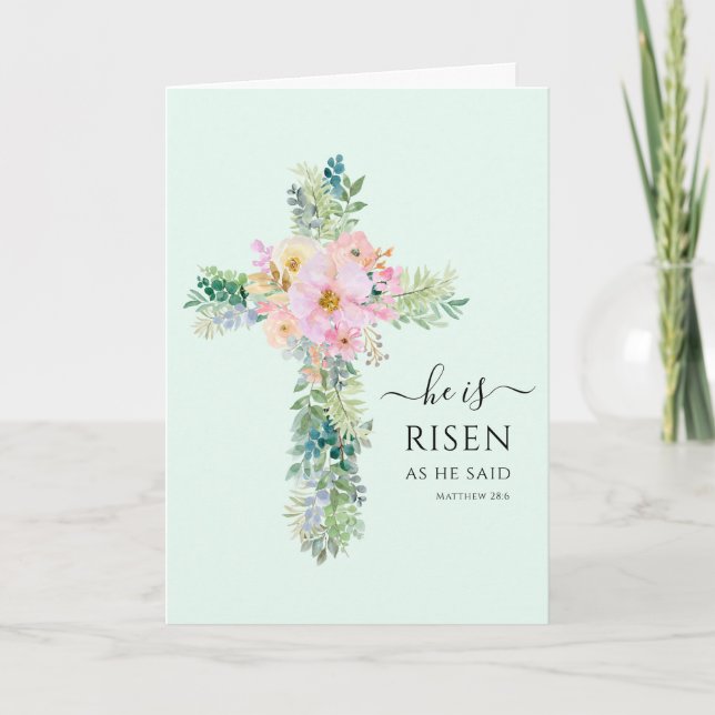 Cartes Pour Fêtes Annuelles Pâques Il est Risen Verdure Aquarelle Croix (Devant)