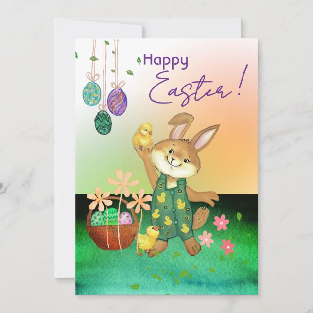 Cartes Pour Fêtes Annuelles Pâques lapin tenant du poulet (Devant)