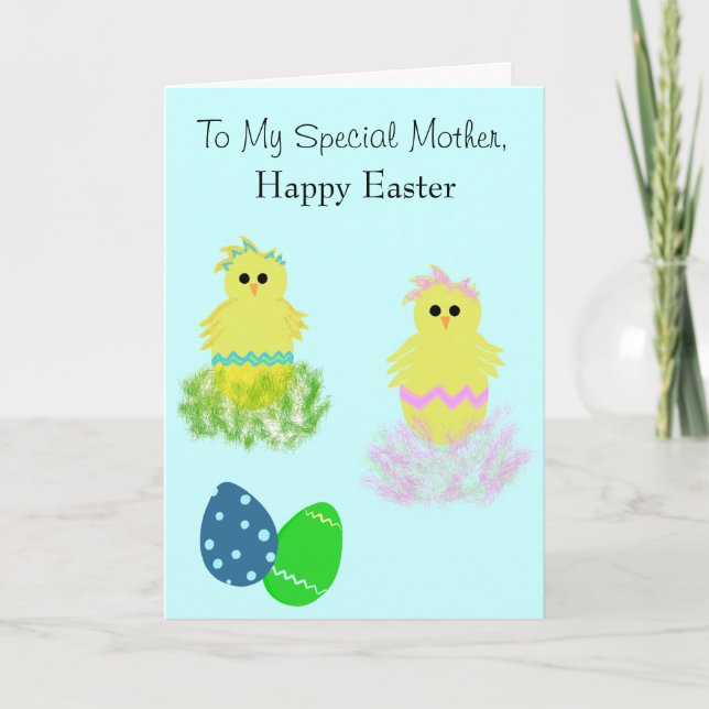 Cartes Pour Fêtes Annuelles Pâques Mère spéciale Jaune Rose Bleu Poussins (Devant)