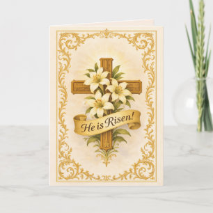Cartes Pour Fêtes Annuelles Pâques Or Lys Croix Il est ressuscité