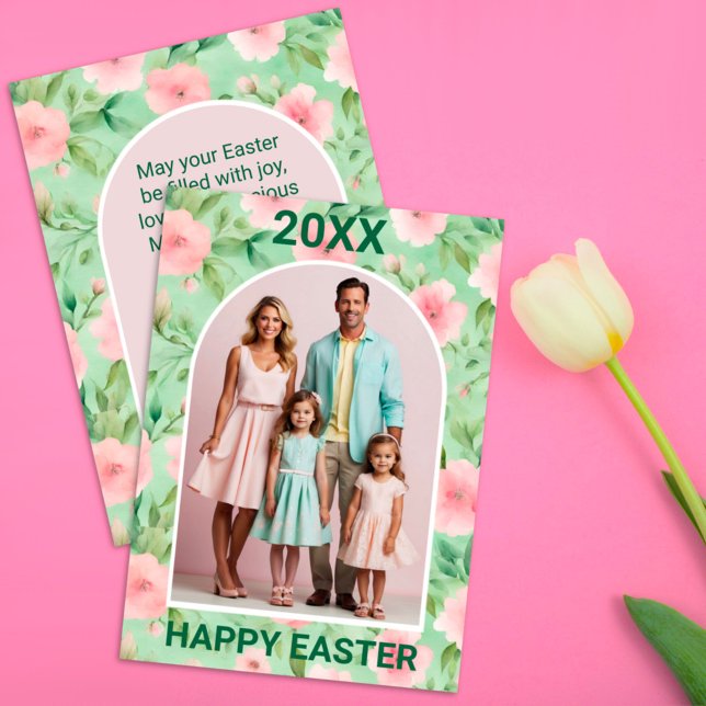 Cartes Pour Fêtes Annuelles Pâques Photo personnalisée Pastel Rose & Flore ver (Créateur téléchargé)