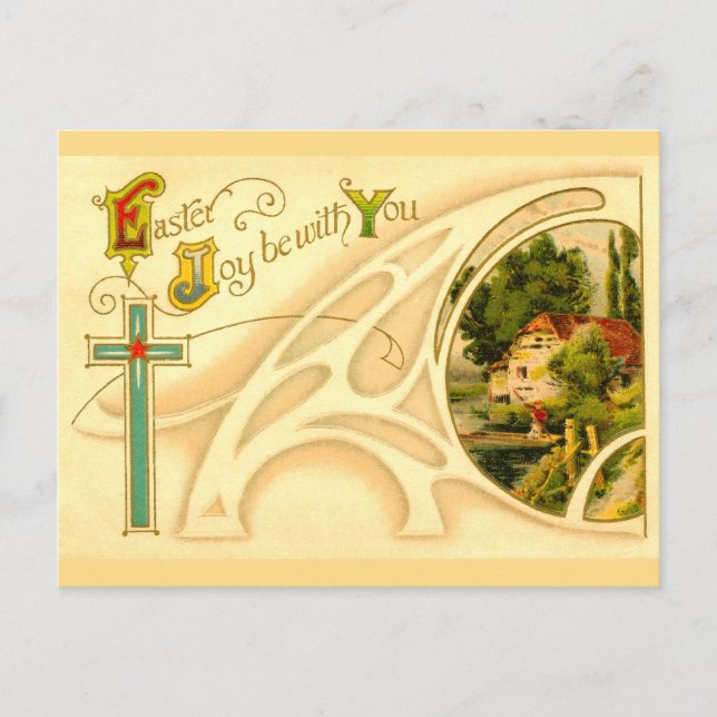 Cartes Pour Fêtes Annuelles Pâques religieuse avec la croix et la vignette (Devant)