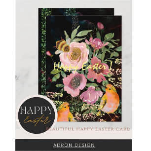 Cartes Pour Fêtes Annuelles Pâques rose floral noir avec oiseaux