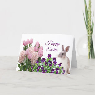 Cartes Pour Fêtes Annuelles Pâques rose violet fleurs printemps lapin