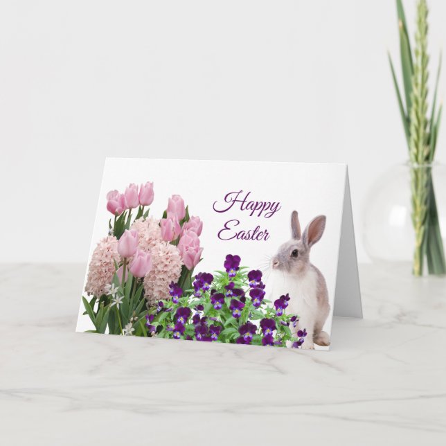 Cartes Pour Fêtes Annuelles Pâques rose violet fleurs printemps lapin (Devant)