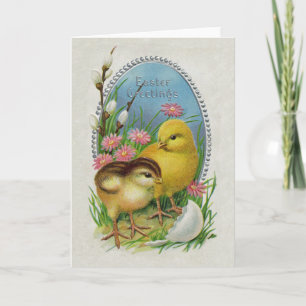 Cartes Pour Fêtes Annuelles Pâques Salutations Jaune Chicks Fleurs