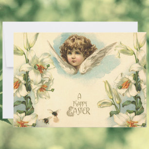 Cartes Pour Fêtes Annuelles Pâques vintage, ange victorien avec fleurs de lys