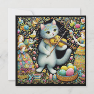 Cartes Pour Fêtes Annuelles Pâques vintage ~ JOYEUSES PÂQUES ~ Chat et violon 