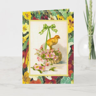 Cartes Pour Fêtes Annuelles Pâques vintage, panier avec le poussin et les