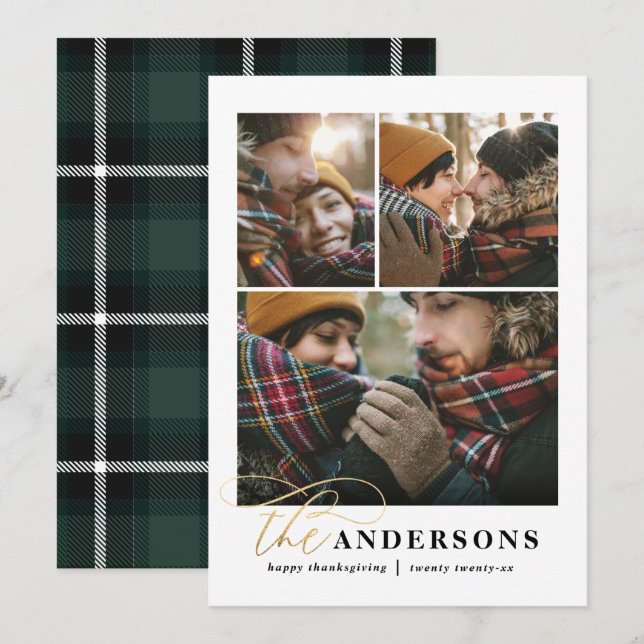 Cartes Pour Fêtes Annuelles Paquet or vert plaid multi photo grâces (Devant / Derrière)