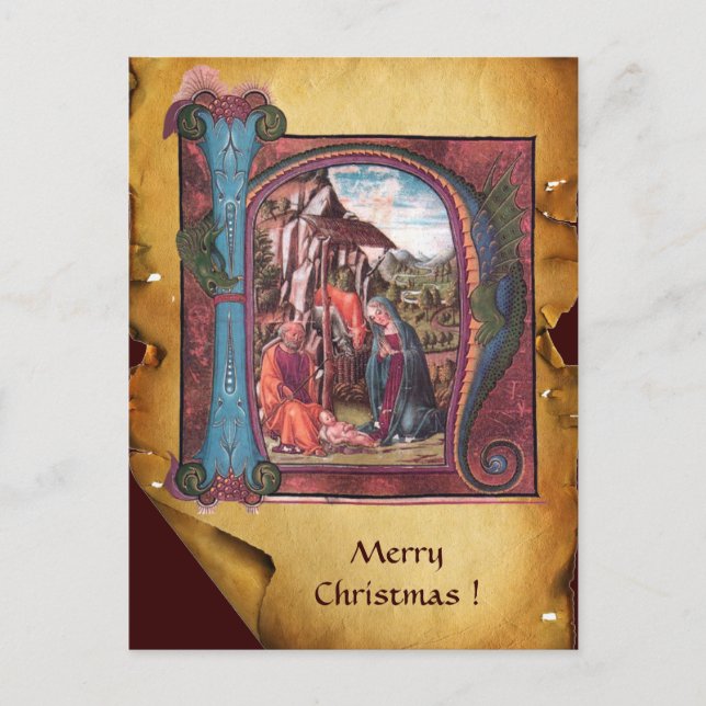 Cartes Pour Fêtes Annuelles PARCHEMENT DE NATIVITÉ Saphir bleu Monogramme (Devant)