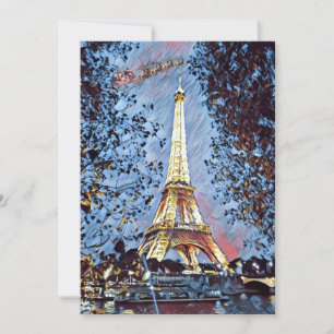 Cartes Pour Fêtes Annuelles Paris Eiffel Impressionniste Blue Père Noël Noël
