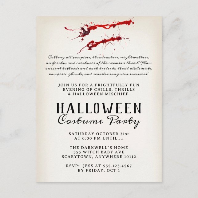 Cartes Pour Fêtes Annuelles Parti d'Halloween Vampire Blood (Devant)