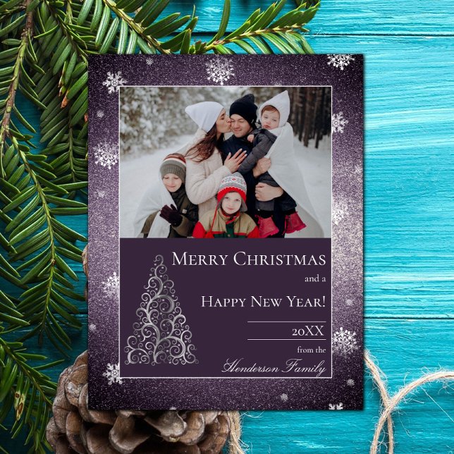 Cartes Pour Fêtes Annuelles Parties scintillant d'arbre de Noël et flocons de  (Christmas Tree Glitter and Snowflakes Holiday Photo Card - Purple)