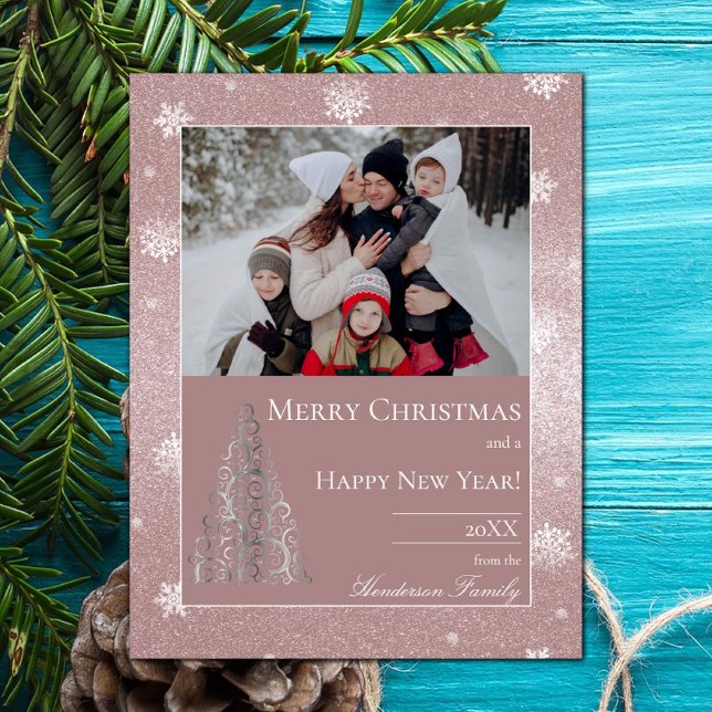 Cartes Pour Fêtes Annuelles Parties scintillant d'arbre de Noël et flocons de  (Christmas Tree Glitter and Snowflakes Holiday Photo Card - Pink)