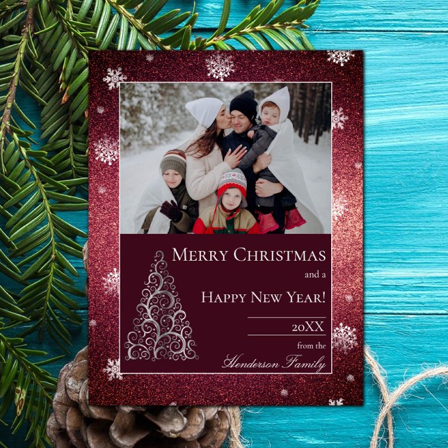 Cartes Pour Fêtes Annuelles Parties scintillant d'arbre de Noël et flocons de  (Christmas Tree Glitter and Snowflakes Holiday Photo Card - Red)