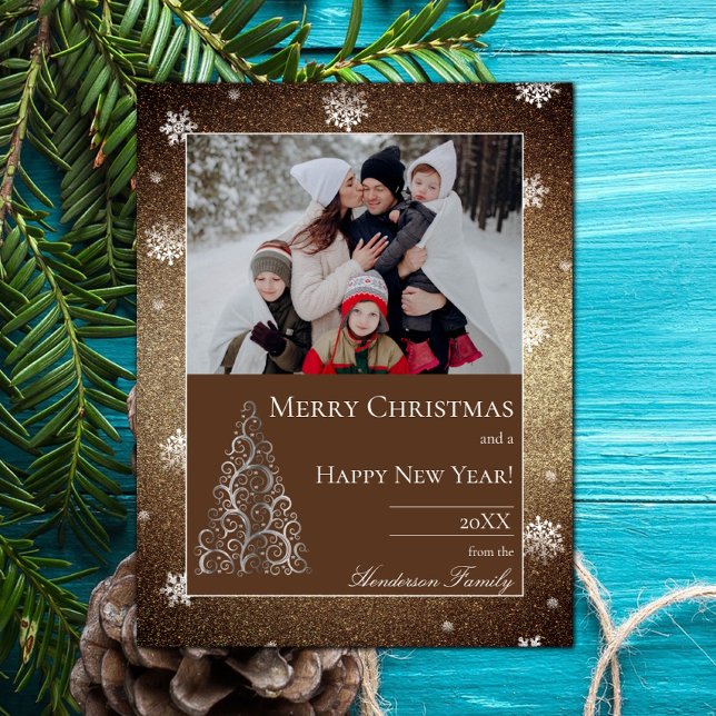 Cartes Pour Fêtes Annuelles Parties scintillant d'arbre de Noël et flocons de  (Christmas Tree Glitter and Snowflakes Holiday Photo Card - Gold)