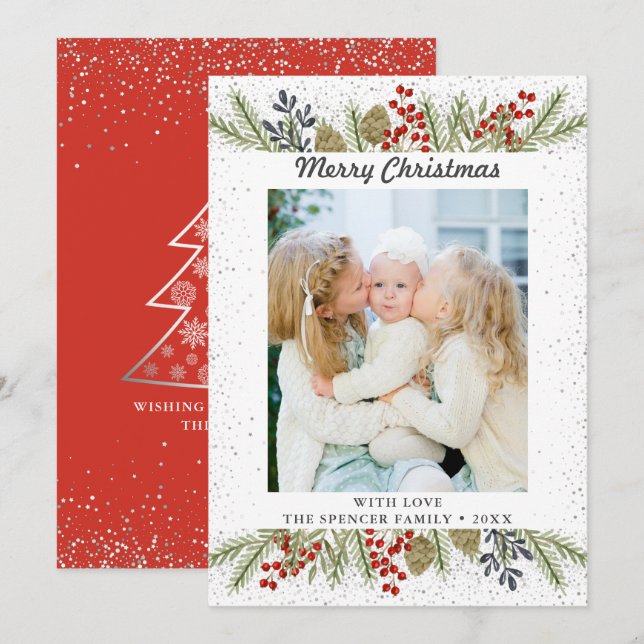 Cartes Pour Fêtes Annuelles Parties scintillant d'argent Holly Berries Photo d (Devant / Derrière)