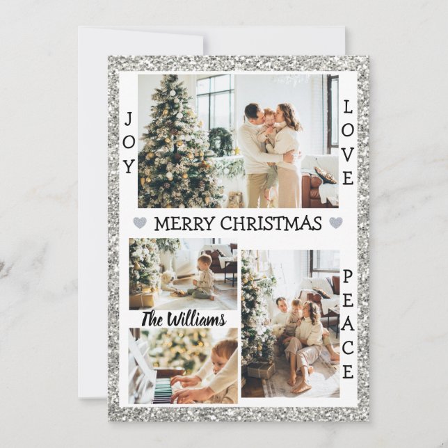 Cartes Pour Fêtes Annuelles Parties scintillant d'argent Joy Love Peace Christ (Devant)