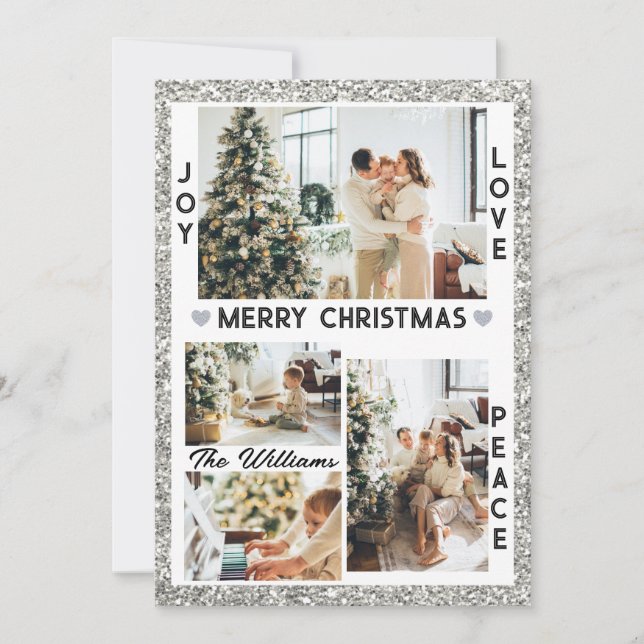Cartes Pour Fêtes Annuelles Parties scintillant d'argent Joy Love Peace Christ (Devant)