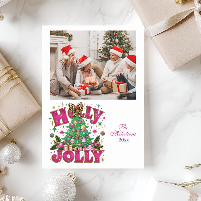 Cartes Pour Fêtes Annuelles Parties scintillant photo Leopard Bow Holly Jolly (Créateur téléchargé)