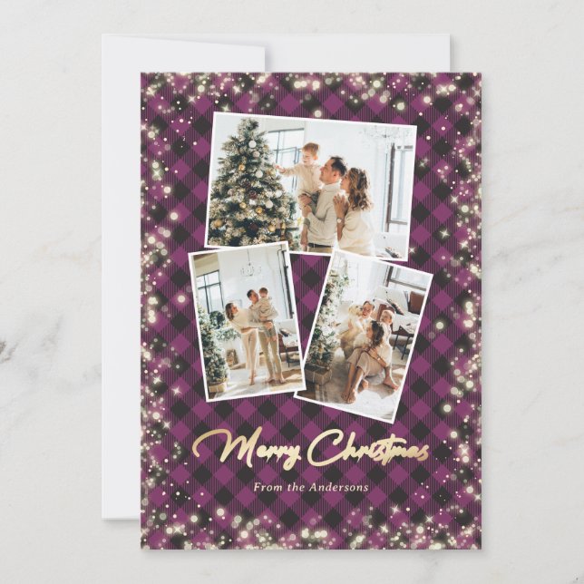 Cartes Pour Fêtes Annuelles Parties scintillant Purple Plaid Gold 3 Photo Joye (Devant)
