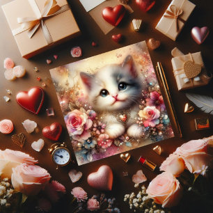 Cartes Pour Fêtes Annuelles Parties scintillant rose or Floral Aquarelle Chat