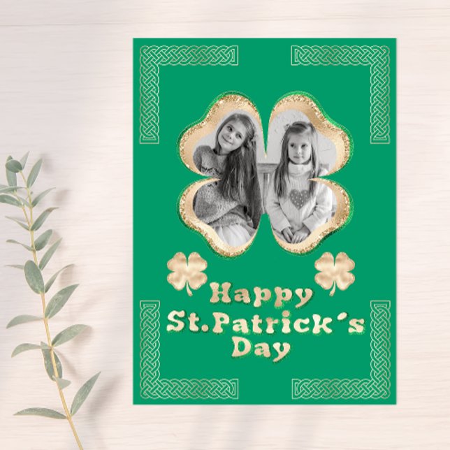 Cartes Pour Fêtes Annuelles Parties scintillant verte et or Clover Photo Célti (Créateur téléchargé)