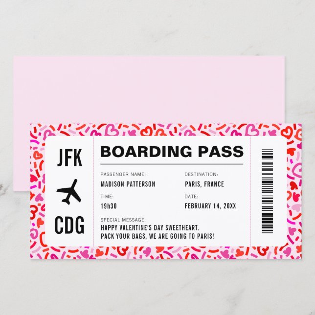 Cartes Pour Fêtes Annuelles Passe d'embarquement de la journée Valentines (Devant / Derrière)