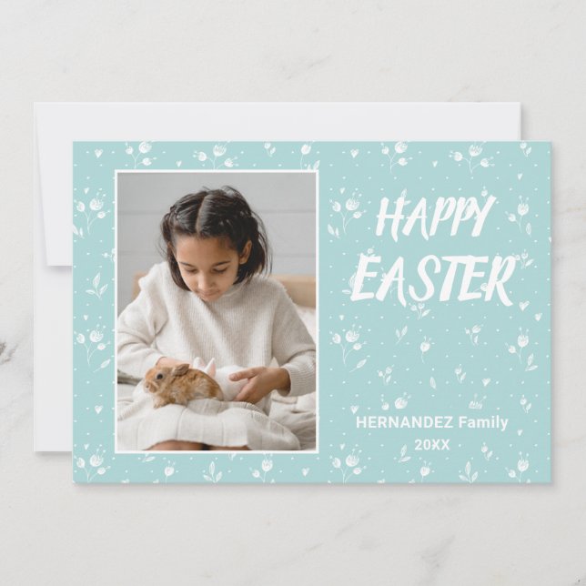 Cartes Pour Fêtes Annuelles Pastel Aqua Motif Floral Photo Bonne Pâques (Devant)