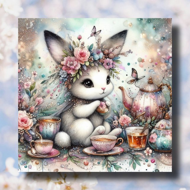 Cartes Pour Fêtes Annuelles Pastel Aquarelle Bunny Tea Party Pâques (Créateur téléchargé)