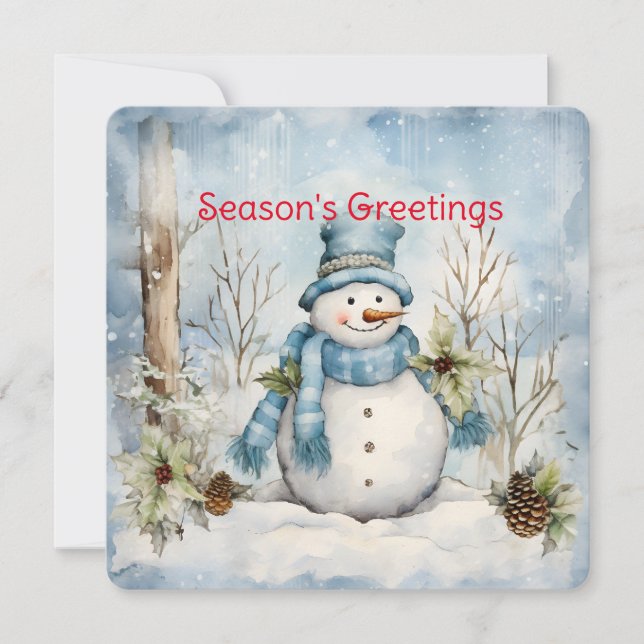 Cartes Pour Fêtes Annuelles Pastel Blue Snowman Pine Cônes Holly Winter Scène (Devant)
