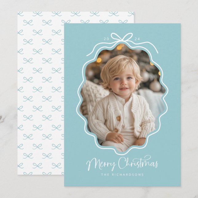 Cartes Pour Fêtes Annuelles Pastel Blue White Wavy Retro Photo (Devant / Derrière)