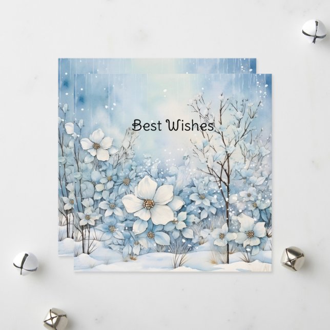 Cartes Pour Fêtes Annuelles Pastel Blue Winter Flowers Noël (Devant/Arrière en situation)
