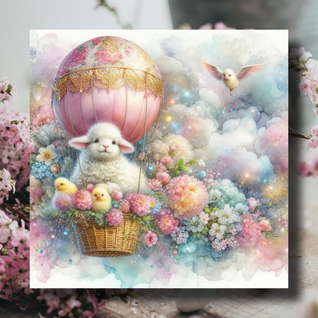 Cartes Pour Fêtes Annuelles Pastel Hot Air Balloon Lamb de Pâques Poussins (Créateur téléchargé)