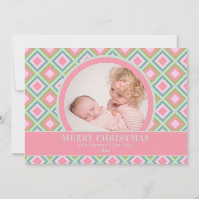 Cartes Pour Fêtes Annuelles Pastel Pink Green Grand-parent Photo Noël (Devant)