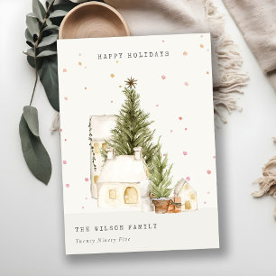 Cartes Pour Fêtes Annuelles Pastel White Snow Tree Maisons Joyeuses Fêtes