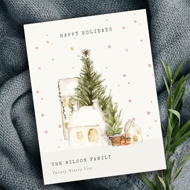 Cartes Pour Fêtes Annuelles Pastel White Snow Tree Maisons Joyeuses Fêtes (Créateur téléchargé)